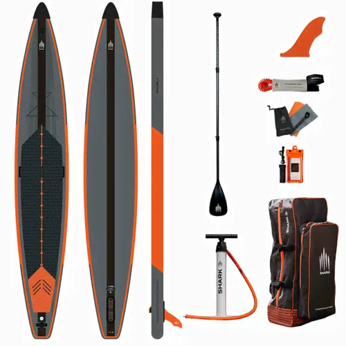 Cап борд надувной двухслойный Shark Touring Racing 14'x27 2023 (381x86x15 см) / Sup board, сапборд, доска для сап серфинга с веслом карбон серый, оранжевый